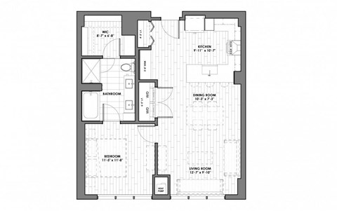 Floor plan for 1 bed, 1 bath, 935 sqft